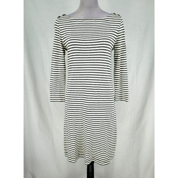 Tory Burch Dress Womens Small Ivory Gray Stripe T Shirt Knit Buttons Logo - Picture 1 of 12